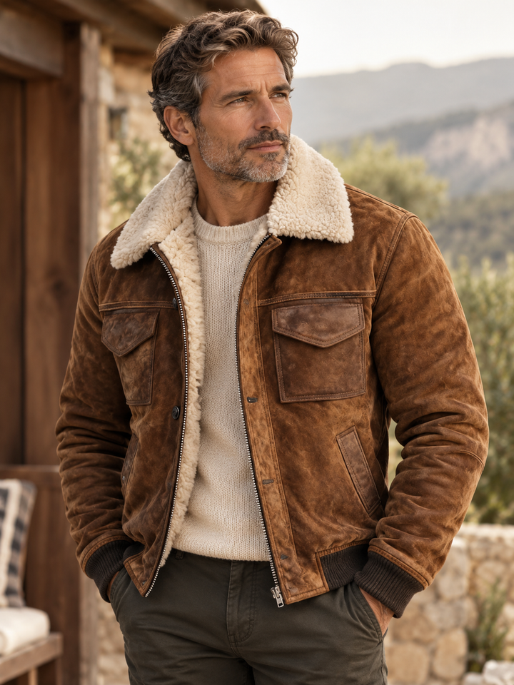 Harlan - Men's Suede Sherpa-Lined Bomber Jacket with Ribbed Cuffs